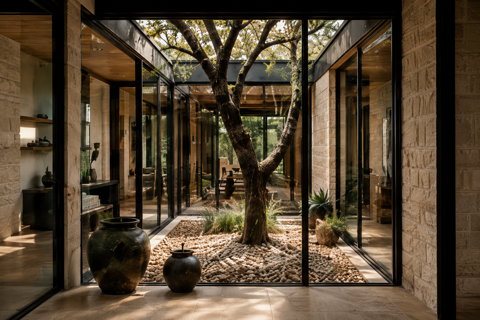 Glass-enclosed courtyard built around a mature oak tree with stone floor and ceramic vessels.