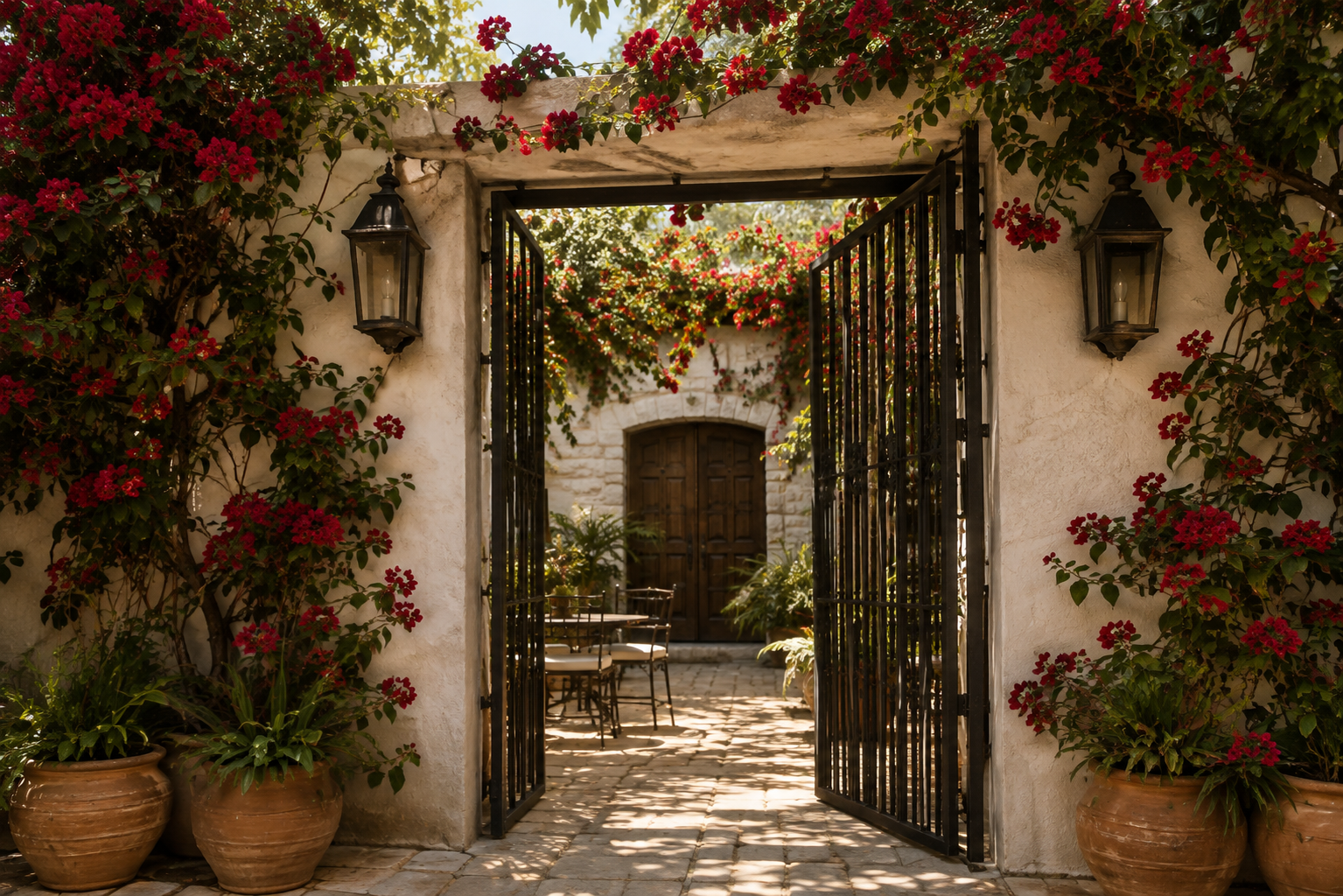 Open wrought-iron gate framed by white stucco walls and flowering bougainvillea.