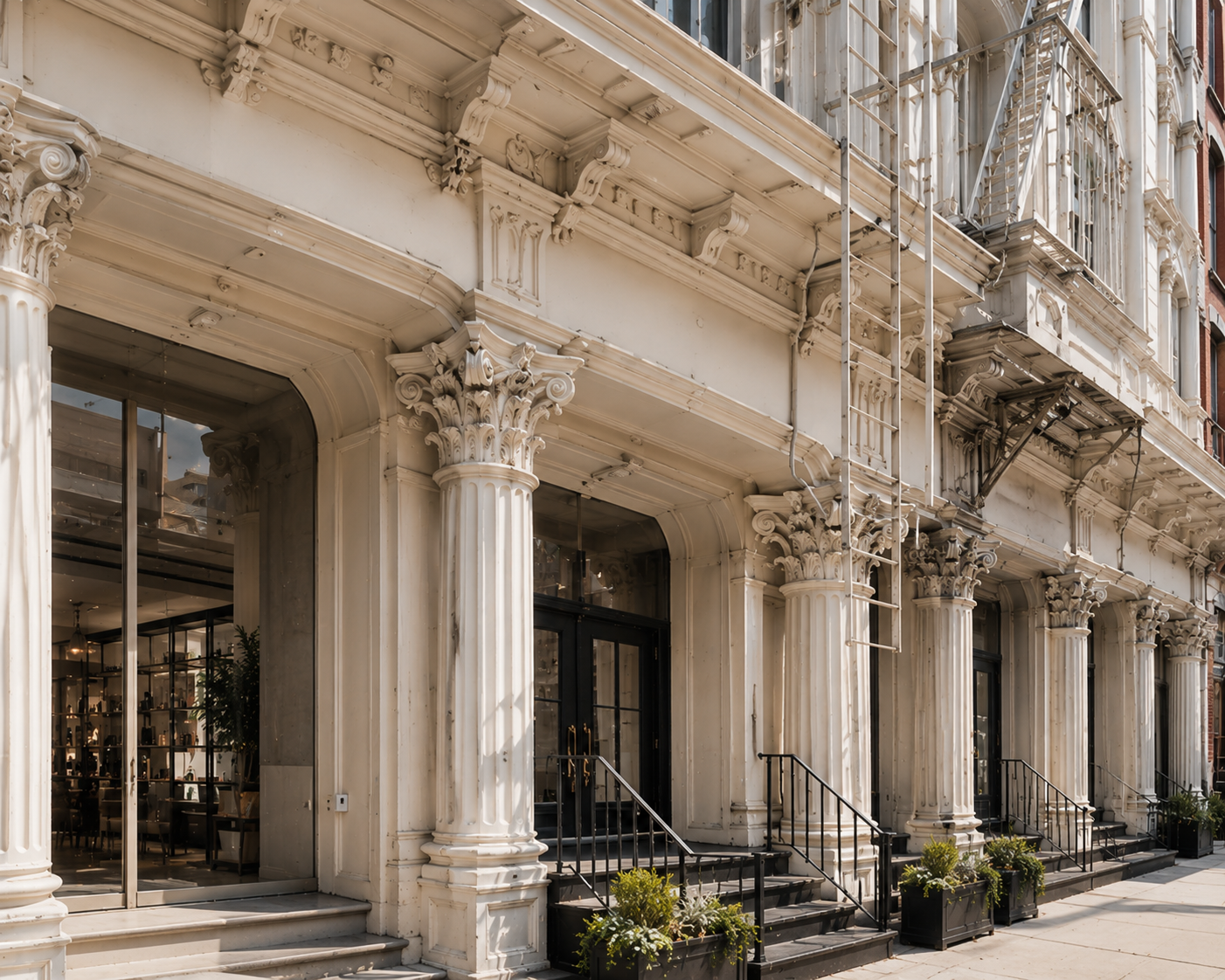 Ornate cast-iron building entrance with fluted columns, stone steps, and black railings.