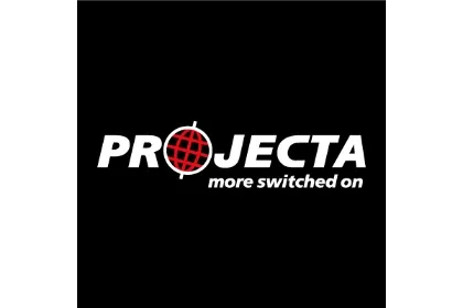 Logo for PROJECTA with the slogan "more switched on" beneath it.