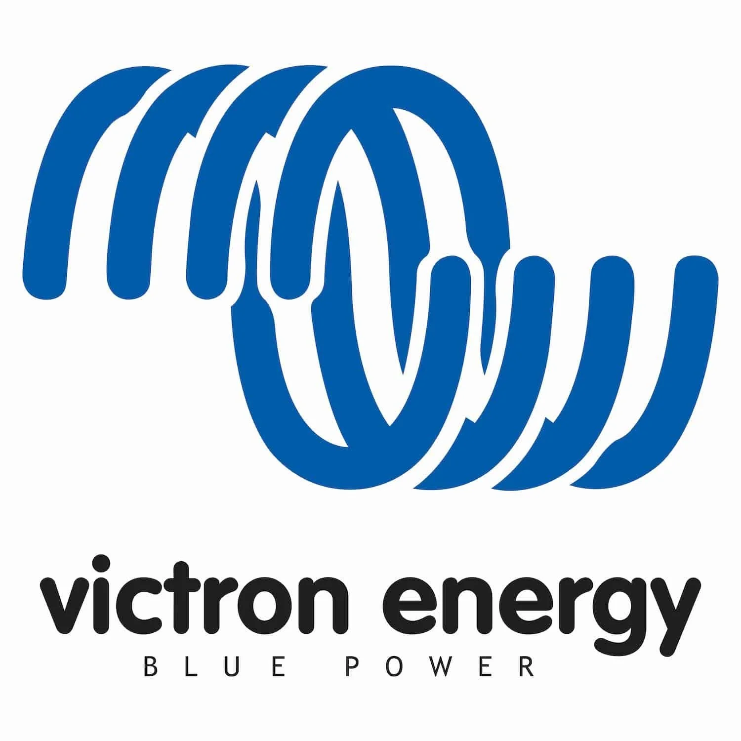 Logo of Victron Energy, featuring a blue spiral icon resembling a stylized scientific or technological symbol, with the text 'victron energy' beneath, and the tagline 'Blue Power' below that.