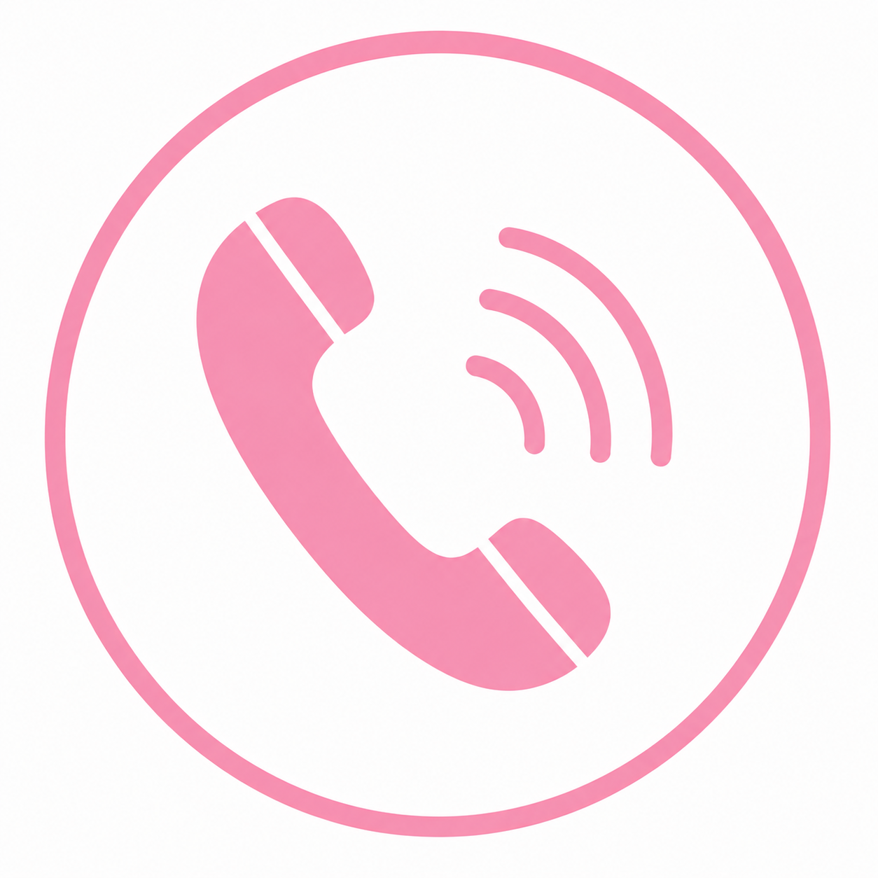 Pink phone icon with sound waves inside a pink circular border.