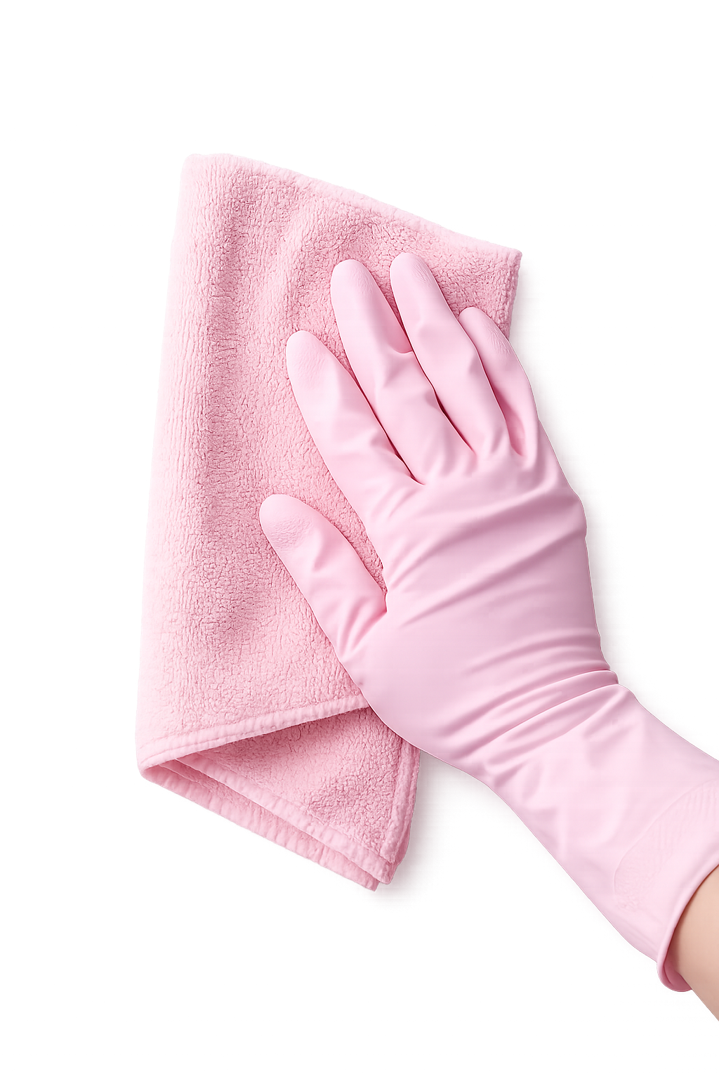 A hand wearing a pink glove cleaning a pink microfiber cloth.