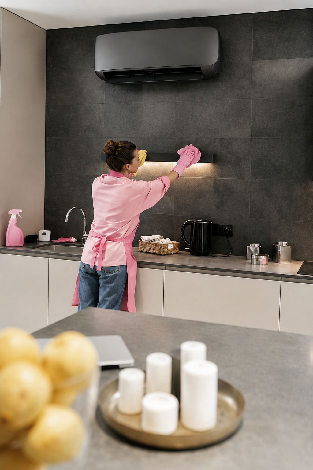 A woman in a pink shirt and apron, wearing yellow gloves, cleaning a kitchen shelf with a cloth. The kitchen has dark tiled walls, white cabinets, and various kitchen items, including a black kettle and containers. In the foreground, a blurry bowl of yellow apples and a tray of white candles are visible.