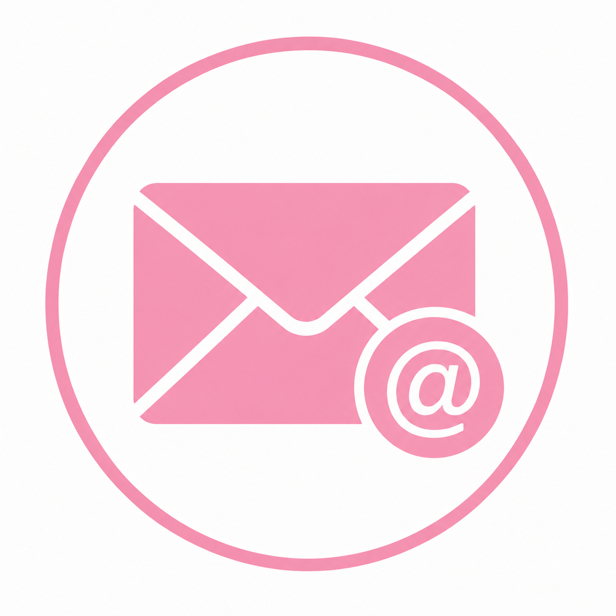 Pink email icon with envelope and '@' symbol inside a circle.
