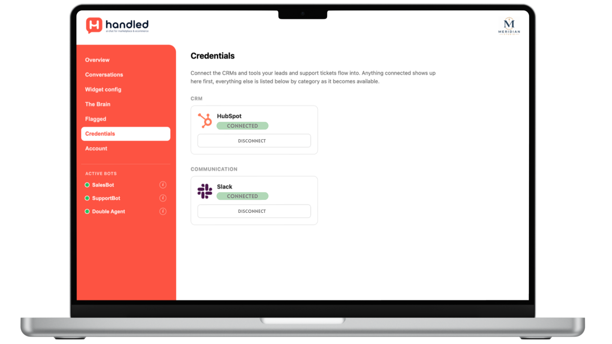 Laptop screen displaying a dashboard with a red sidebar menu and connection status for HubSpot and Slack.