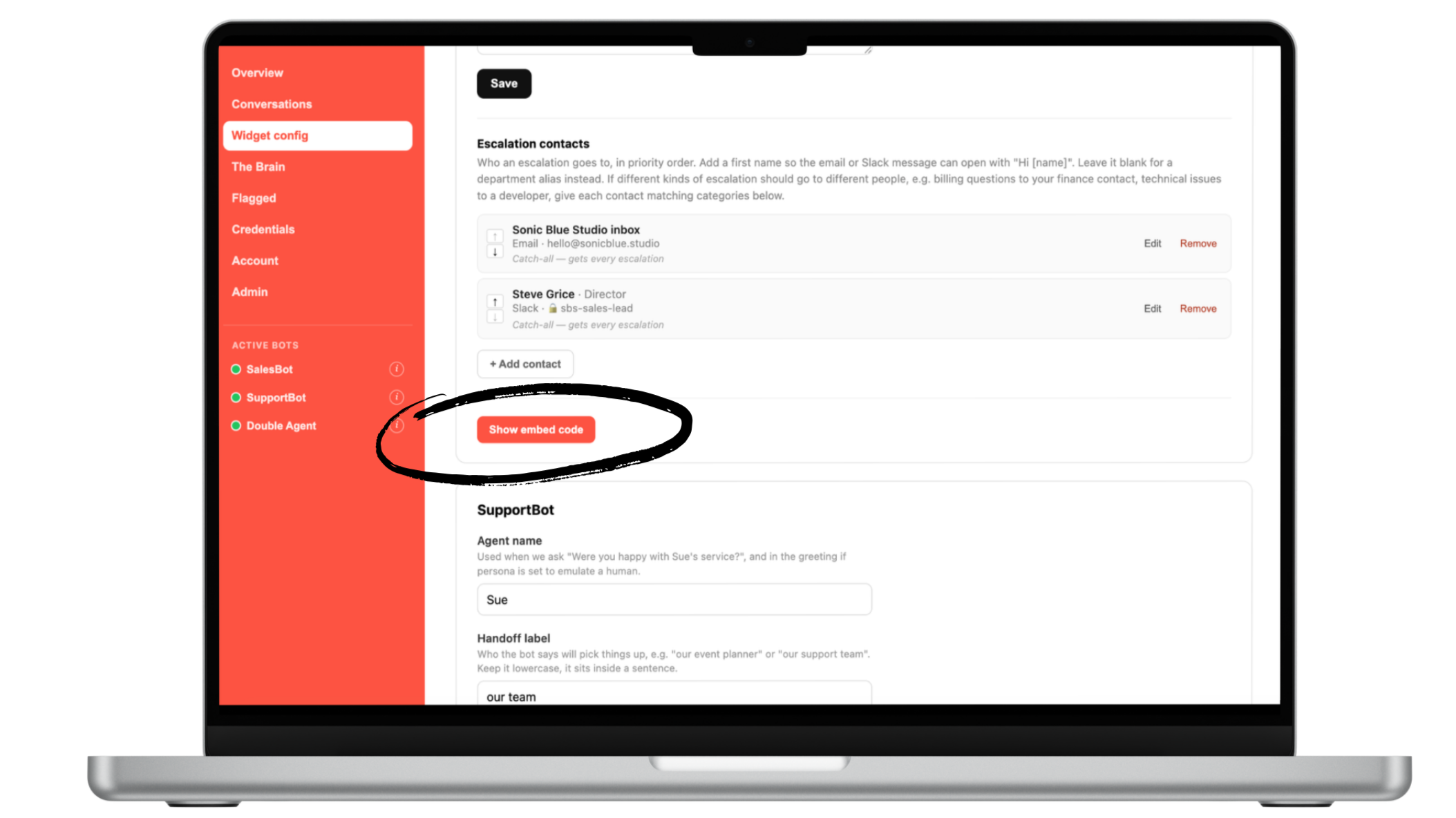 Laptop screen displaying a user interface with a sidebar menu on the left with sections like Overview, Conversations, Widget config, The Brain, Flagged, Credentials, Account, and Admin. The main area shows a section titled 'Escalation contacts' with contact details and a button labeled 'Show embed code' circled in black and highlighted in red.