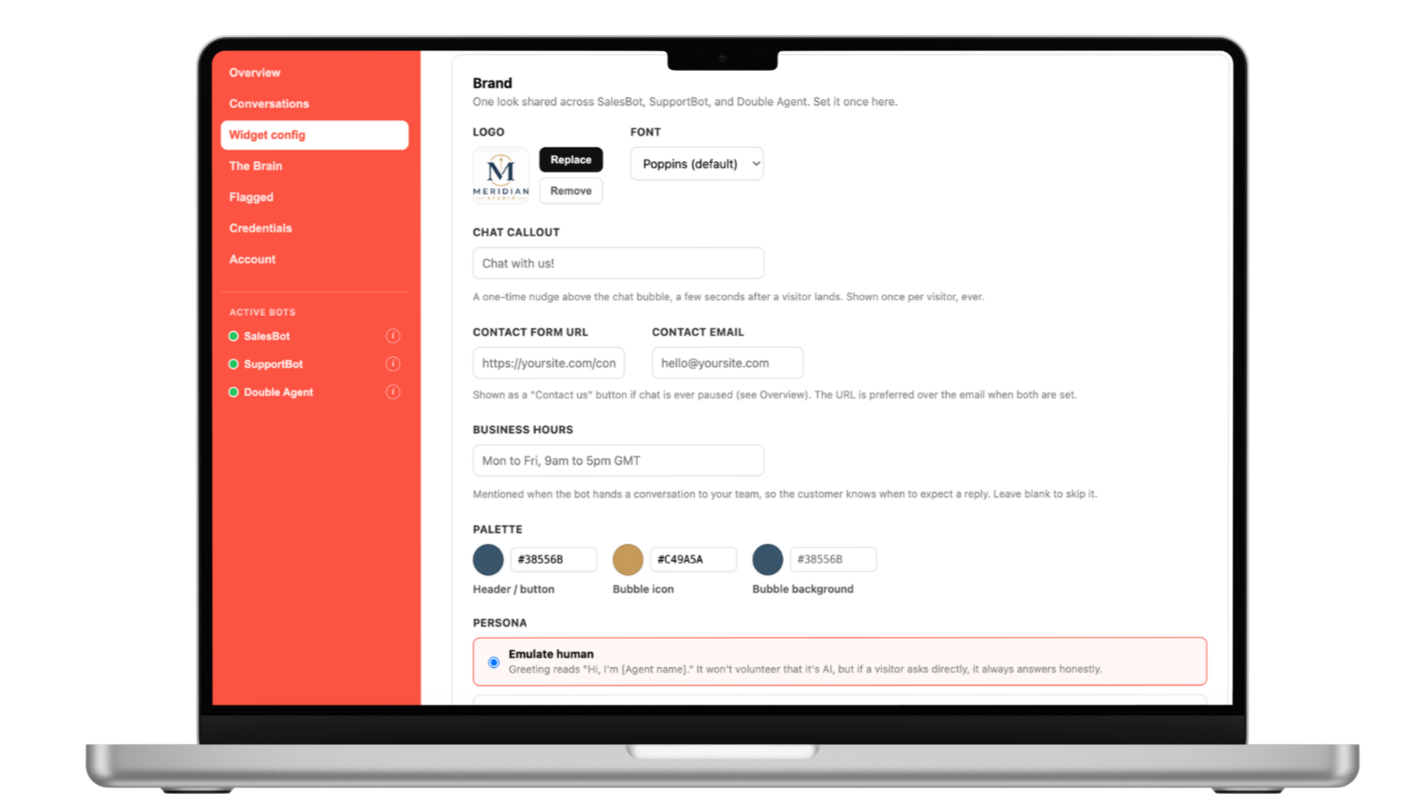 Laptop screen displaying a dashboard with a red sidebar menu and a settings page. The sidebar menu includes options like Overview, Conversations, Widget config, The Brain, Flagged, Credentials, and Account. The active section, Widget config, is highlighted. The main page shows brand customization options with logo, font, chat callout, contact form URL and email, business hours, color palette, and persona settings.