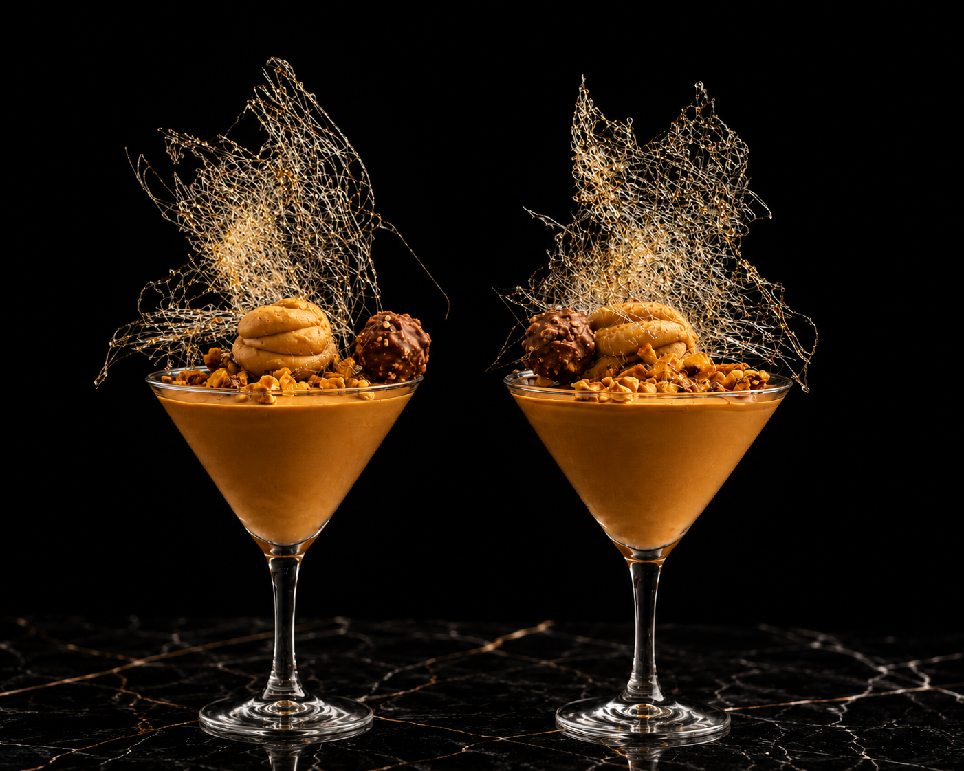 Two cocktails in martini glasses garnished with caramel candies, chocolate truffles, caramel-coated nuts, and decorative sugar webs, set against a black background.