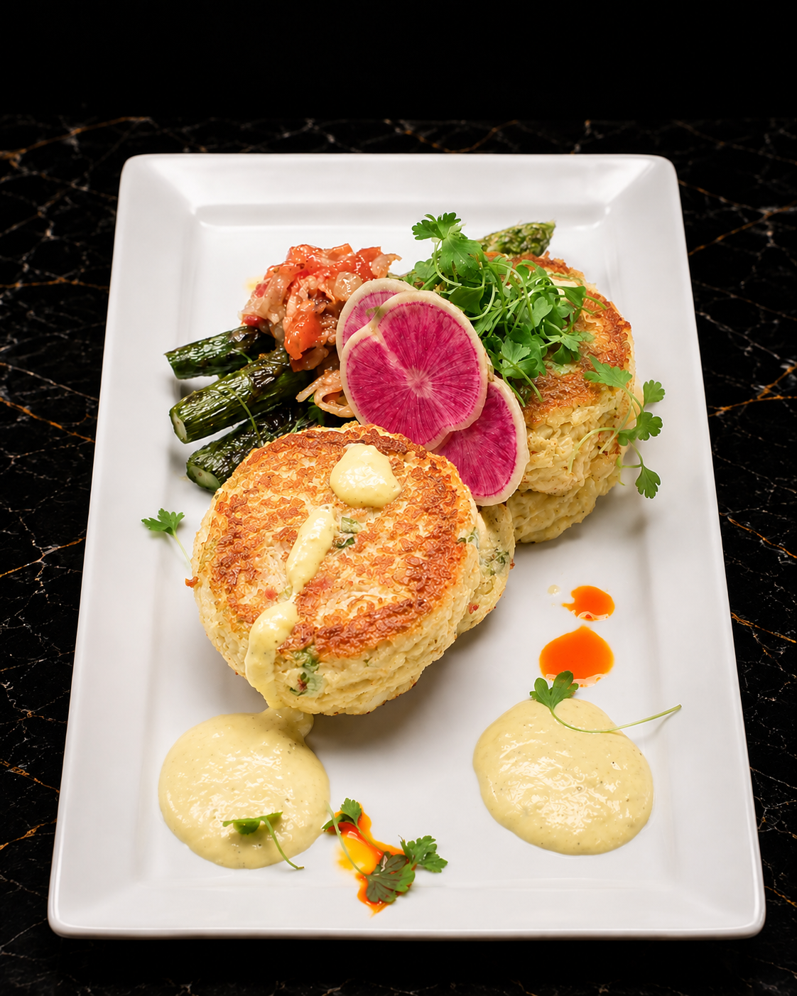 Grady's Crabcakes- Meyer Lemon Buerre Blanc- Pickled Watermelon Radish- Charred Asparagus- Pancetta Spoonbread