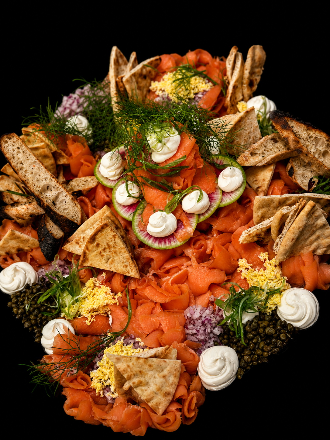 Ivy City Smoked Salmon Display- Dill Cream Cheese- Caperberries- Red Onion- Toast Points- Hard Cooked Eggs 