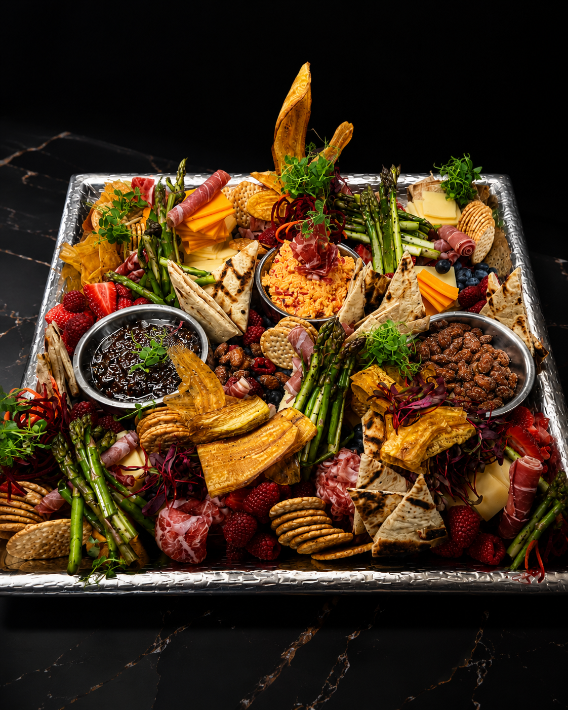 A cheese and charcuterie board with various cheeses, meats, crackers, bread, fruits, vegetables, jams, and garnishes arranged on a large silver tray.