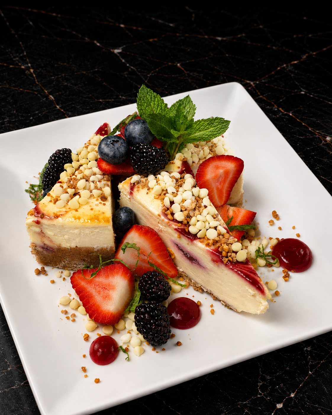 Raspberry Cheesecake- White Chocolate Caviar- Fresh Berries- Vanilla Bean Chantilly