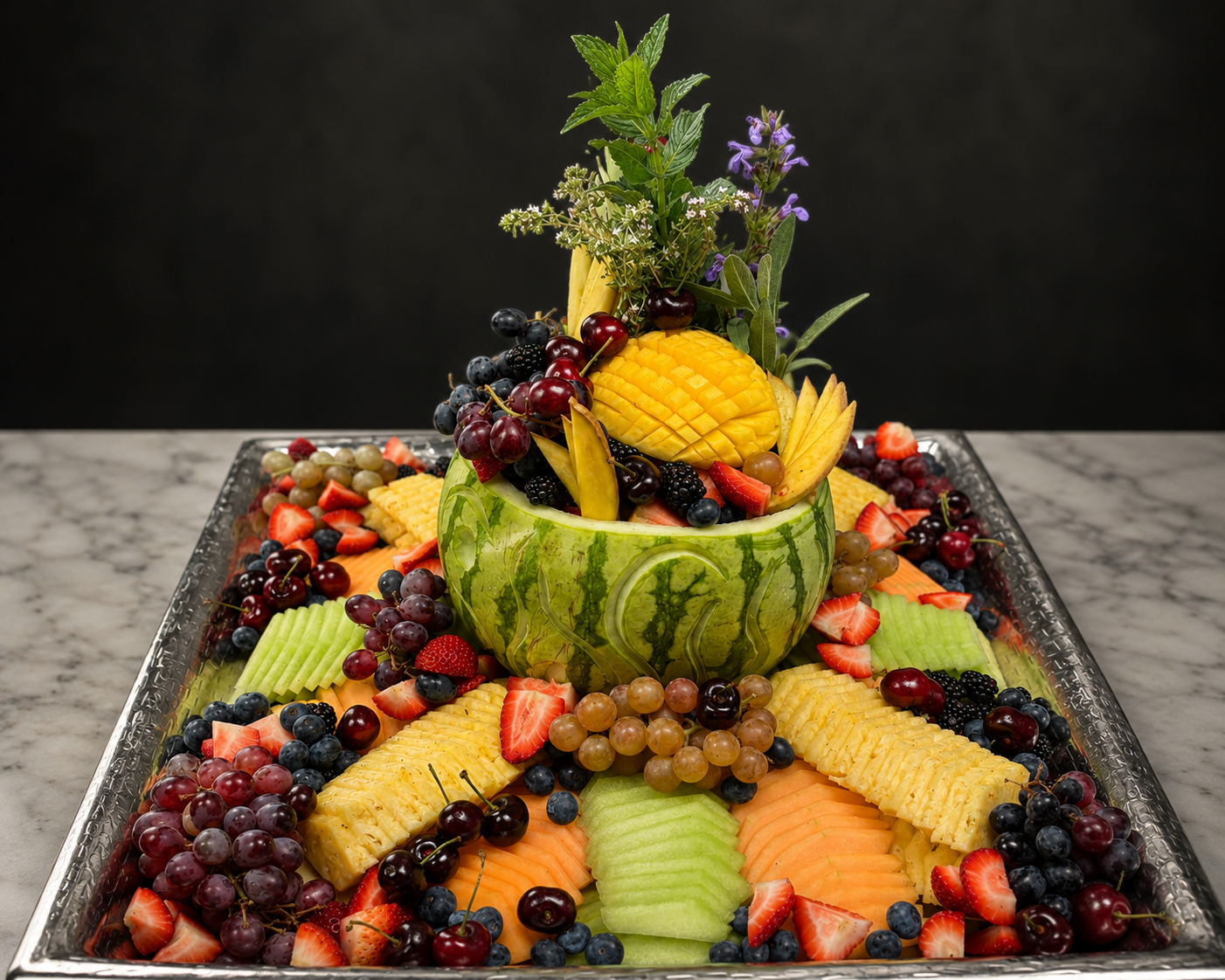 A large fruit platter with a carved watermelon bowl filled with various fruits and garnished with herbs, surrounded by sliced strawberries, grapes, honeydew, cantaloupe, pineapple, and blackberries on a silver tray.