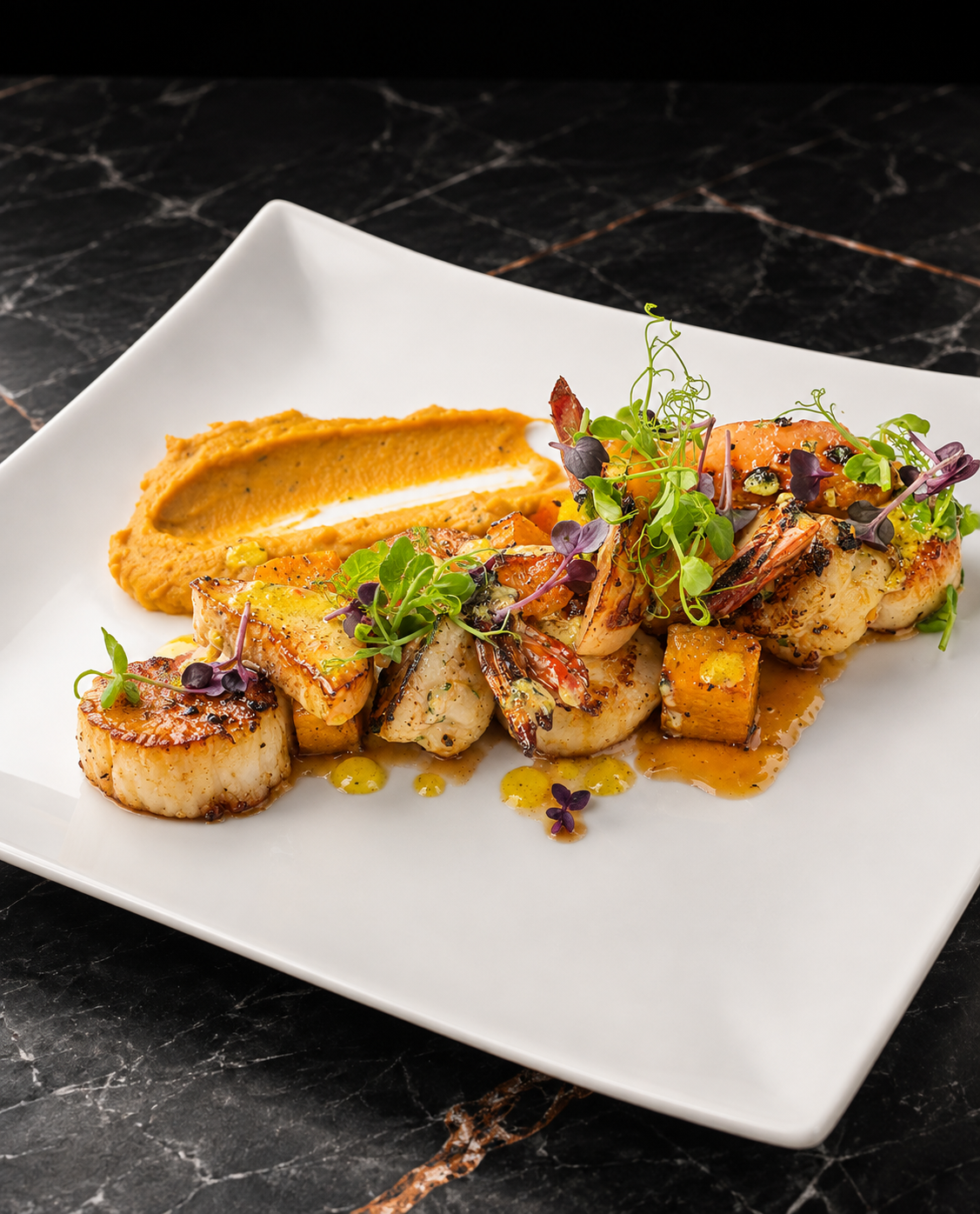 Seared Day Boat Scallops- Butternut and Sweet Potato Puree- Roasted Apples- Cider Caramel