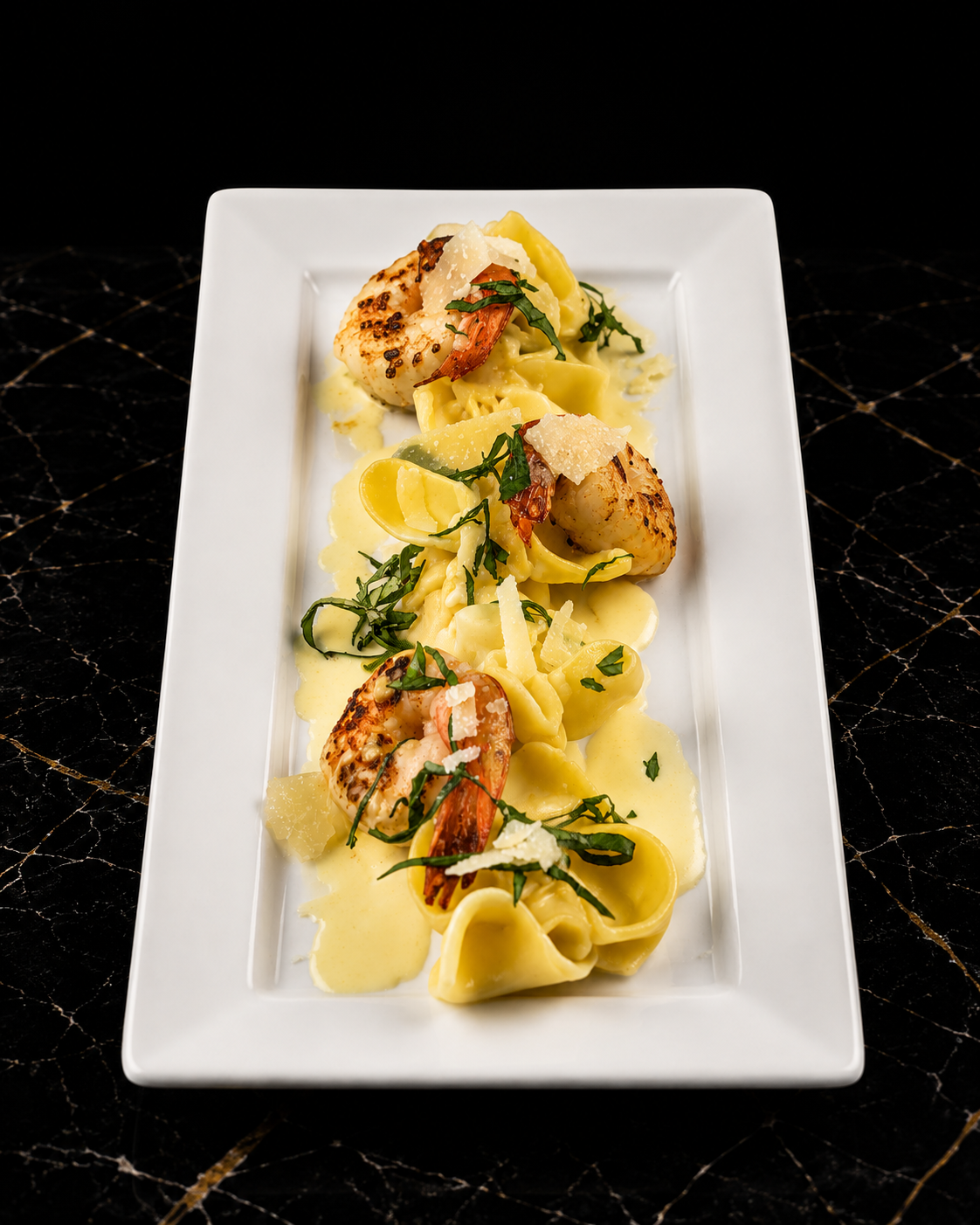 Charred Gulf Shrimp- Citrus Ricotta Sacchettoni Pasta- Roasted Fennel- Baby Spinach- Stilton Cream