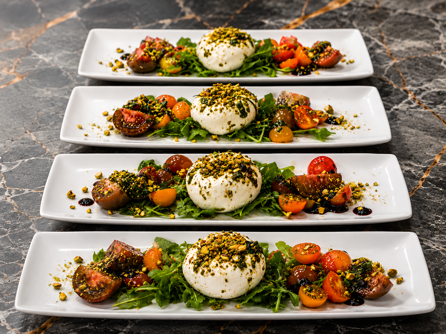 Four rectangular white plates of caprese salad with cherry tomatoes, fresh mozzarella, torn basil leaves, chopped pistachios, and balsamic glaze, arranged on a dark marble surface.