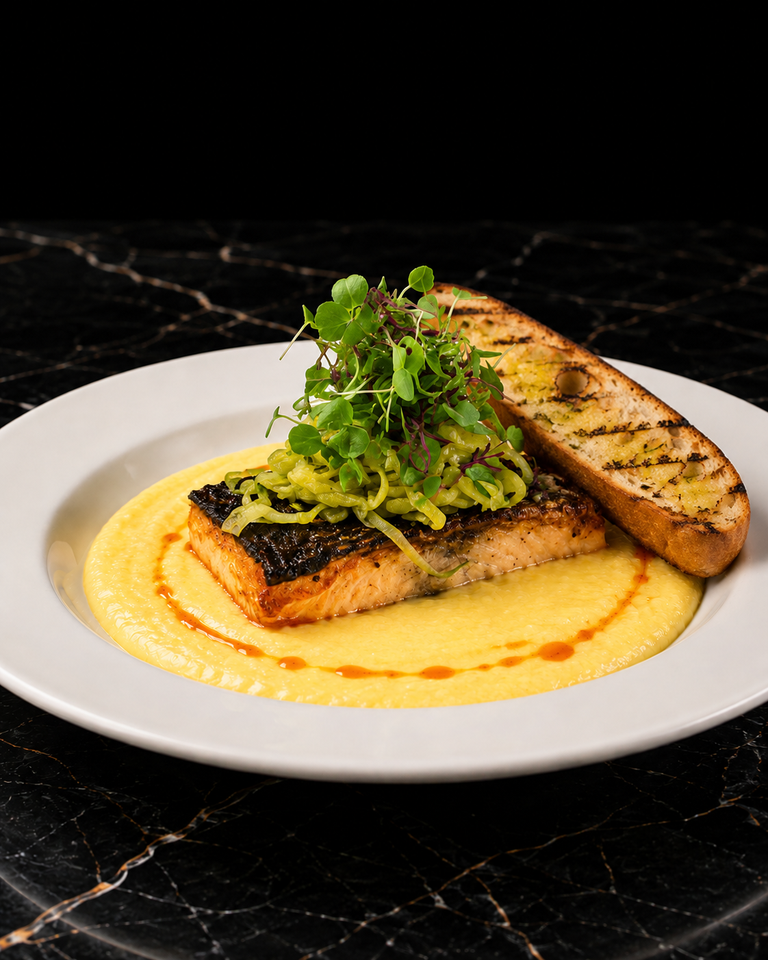 Seared Coho Salmon- White Tillamook Cheddar Polenta- Cucumber Granny Smith Apple Slae- Smoked Paprika Oil- Grilled Bread