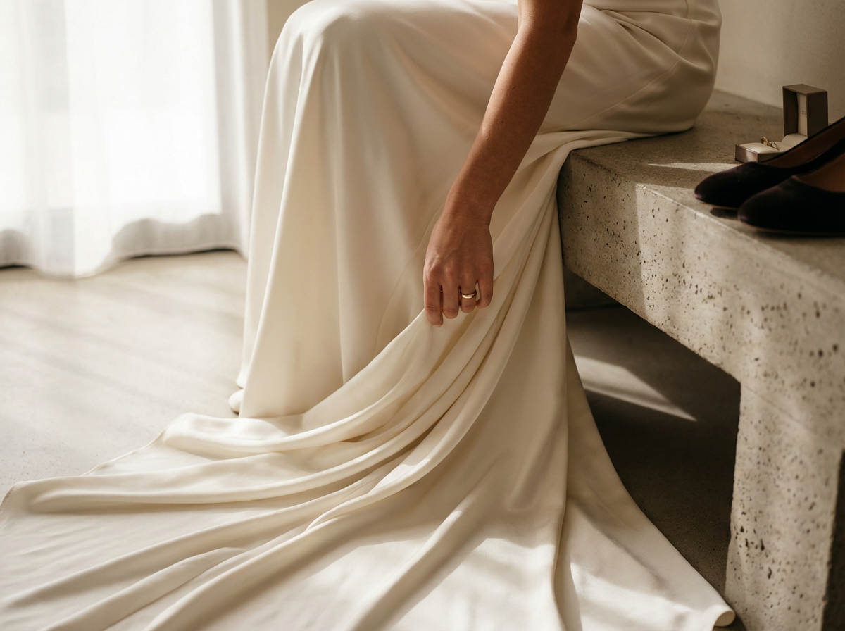 Person in a wedding dress sitting on a concrete ledge, holding the fabric of the dress, with black shoes and jewelry on the ledge.