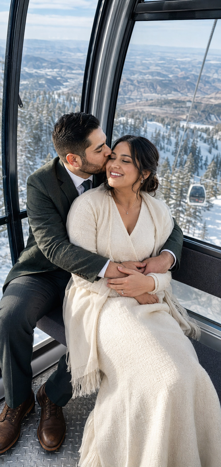 A couple sitting inside a cable car with a snowy mountain landscape and ski lifts outside the window. The man is kissing the woman on the cheek, and she is smiling with her eyes closed.
