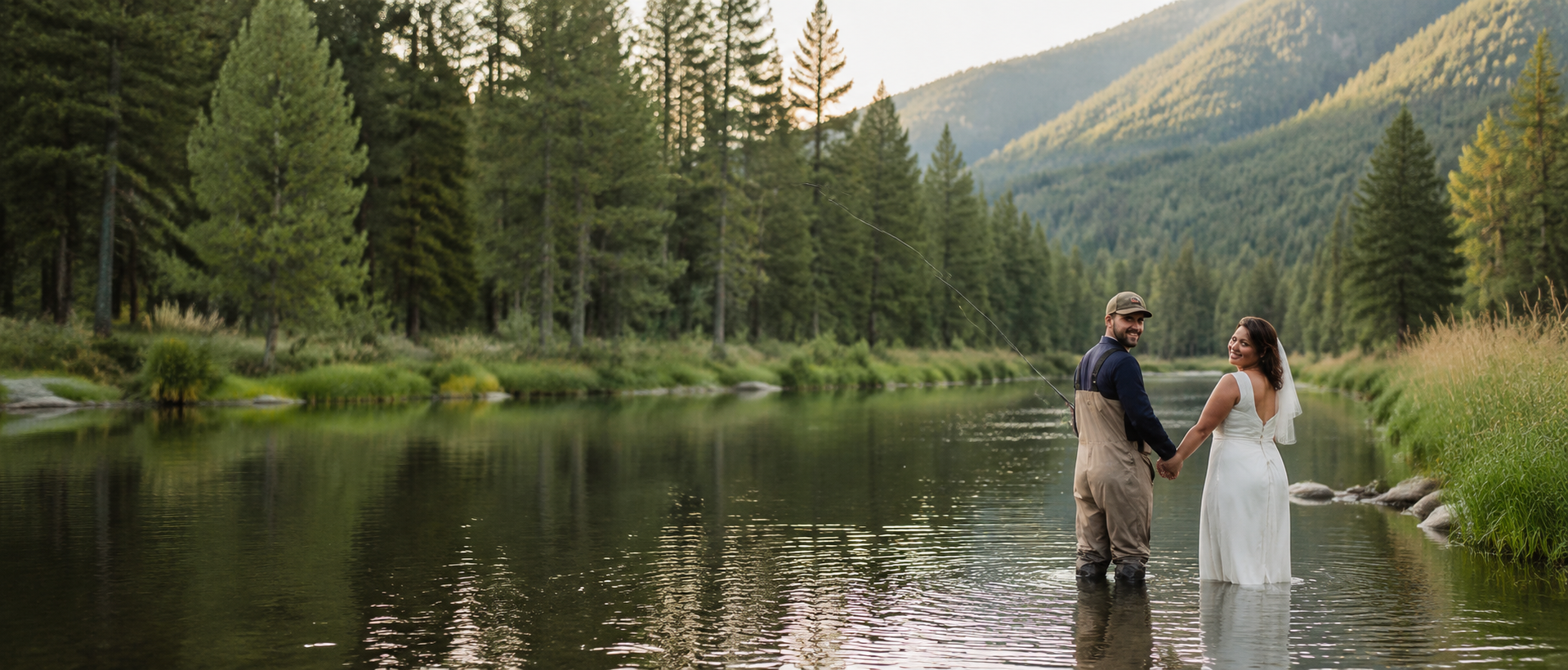 A couple in wedding attire holding hands and smiling in the water of a river, with a forest and mountain landscape in the background during sunset.