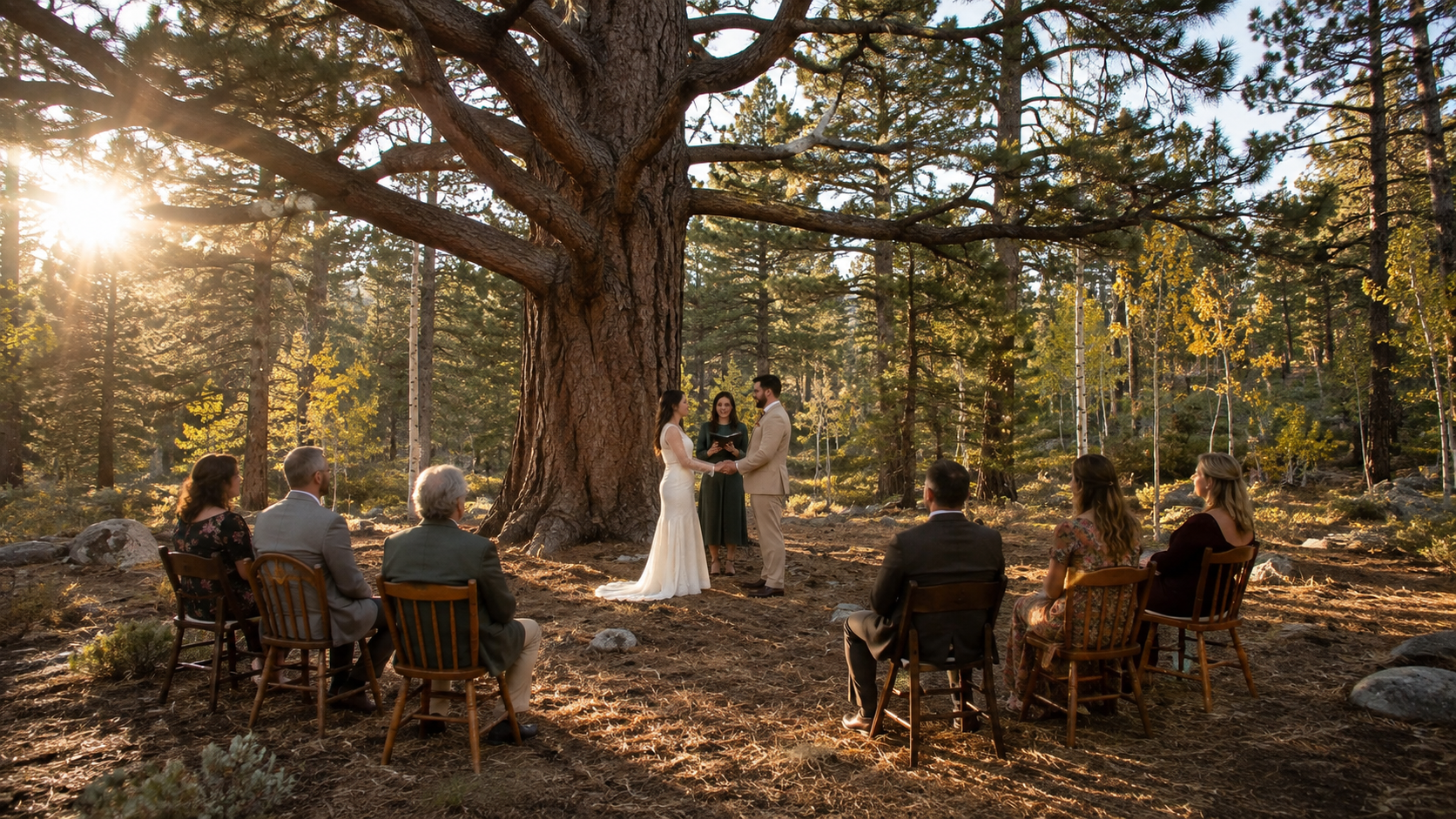 A wedding ceremony taking place outdoors in a forest, with the bride and groom standing under a large tree while exchanging vows. A officiant stands between them, holding a book. Guests are seated on wooden chairs around the ceremony, with sunlight filtering through the trees.