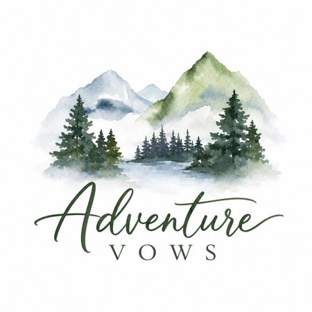 Adventure Vows logo featuring watercolor mountains, evergreen trees, and mist.