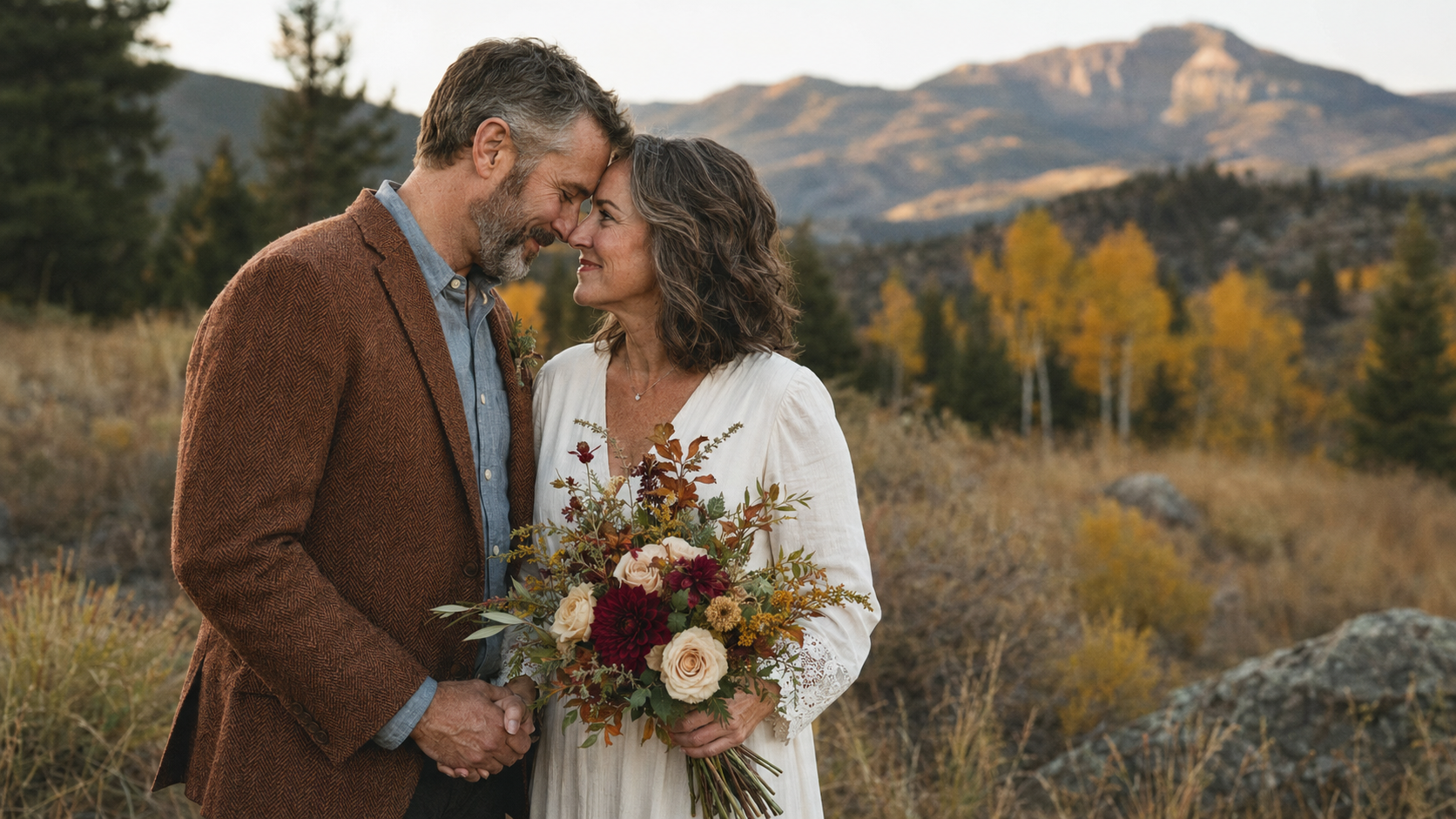 A mature couple standing close together outdoors, touching foreheads and smiling, with a mountain and autumn trees in the background. The woman holds a bouquet of flowers.