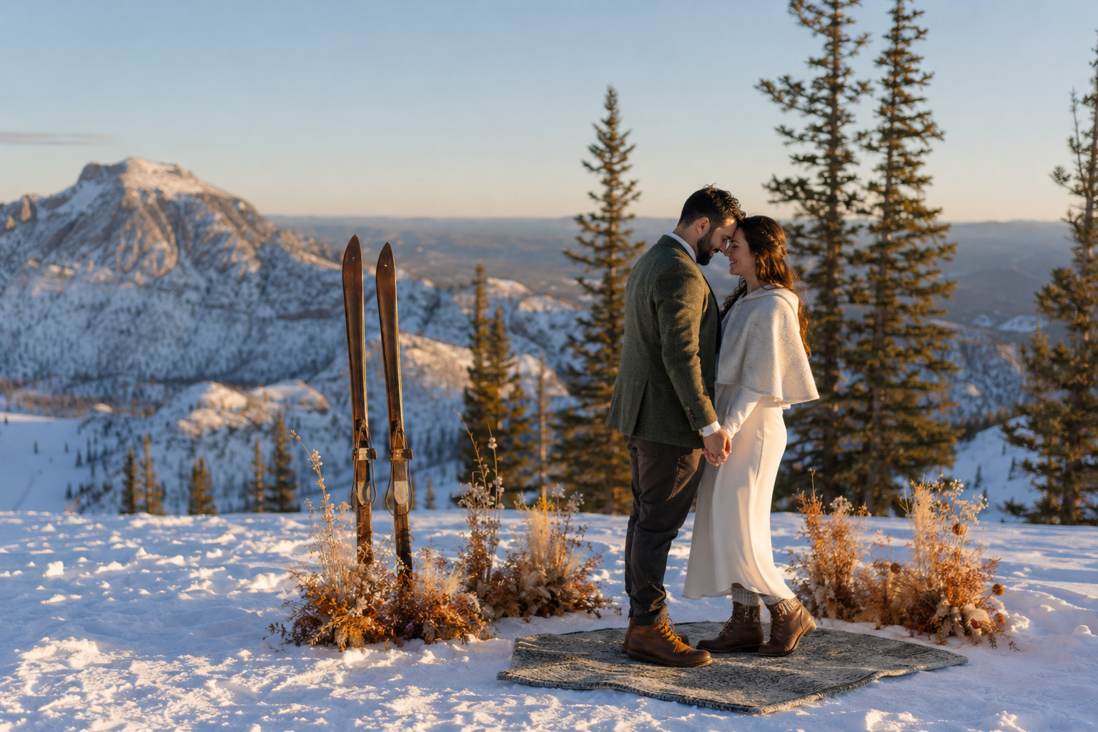 A couple holding hands in a snowy mountain landscape during sunset, with skis planted in the snow beside them and decorative plants surrounding them.