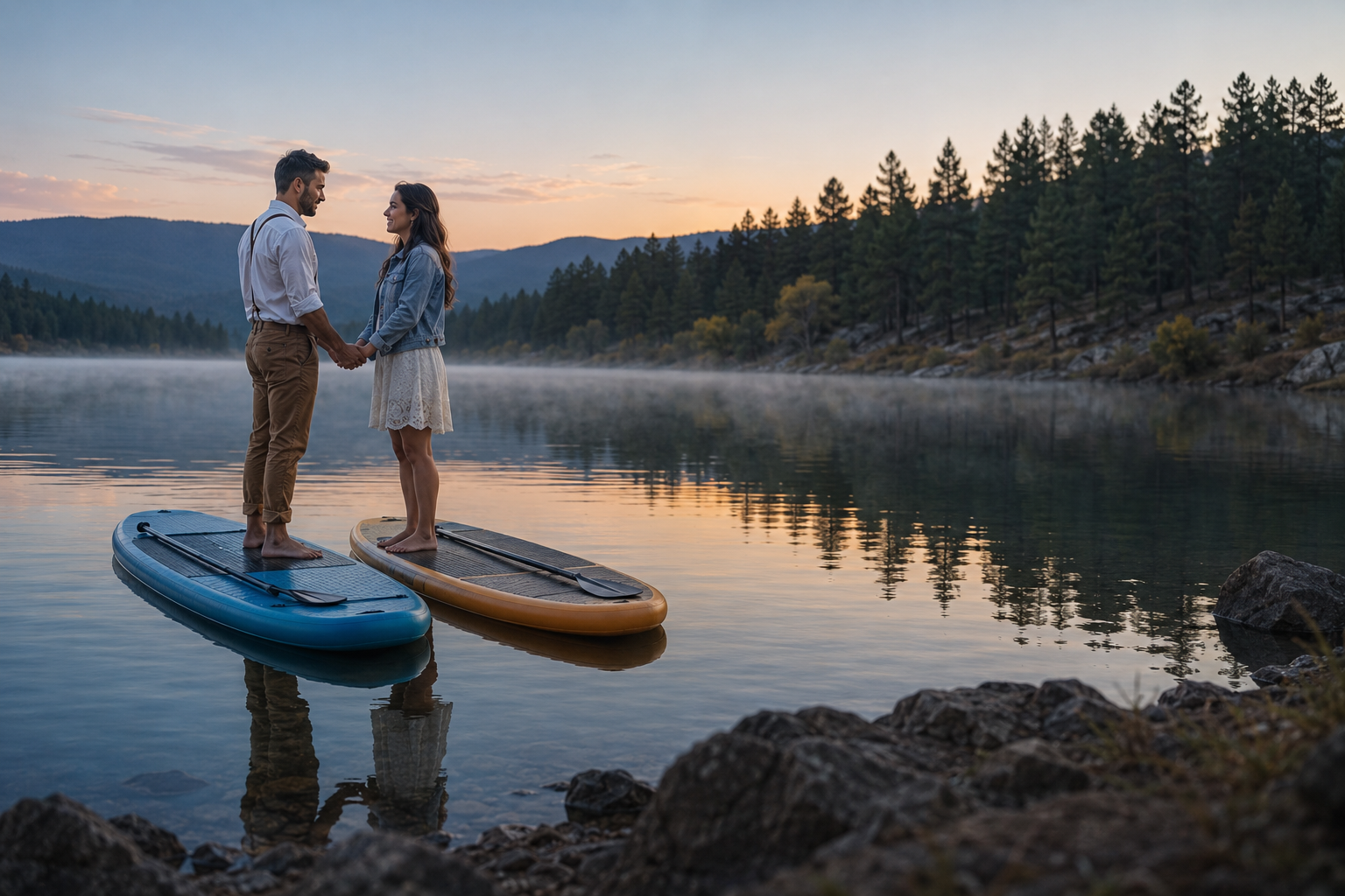 A couple stands on paddleboards holding hands on a calm lake at sunset, with mountains and pine trees in the background.