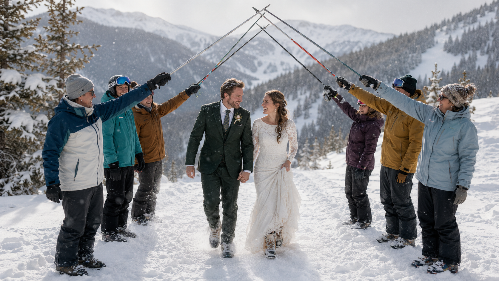 A wedding couple in formal attire holding hands while walking through snow in a mountain landscape, surrounded by friends making a tunnel with ski poles.