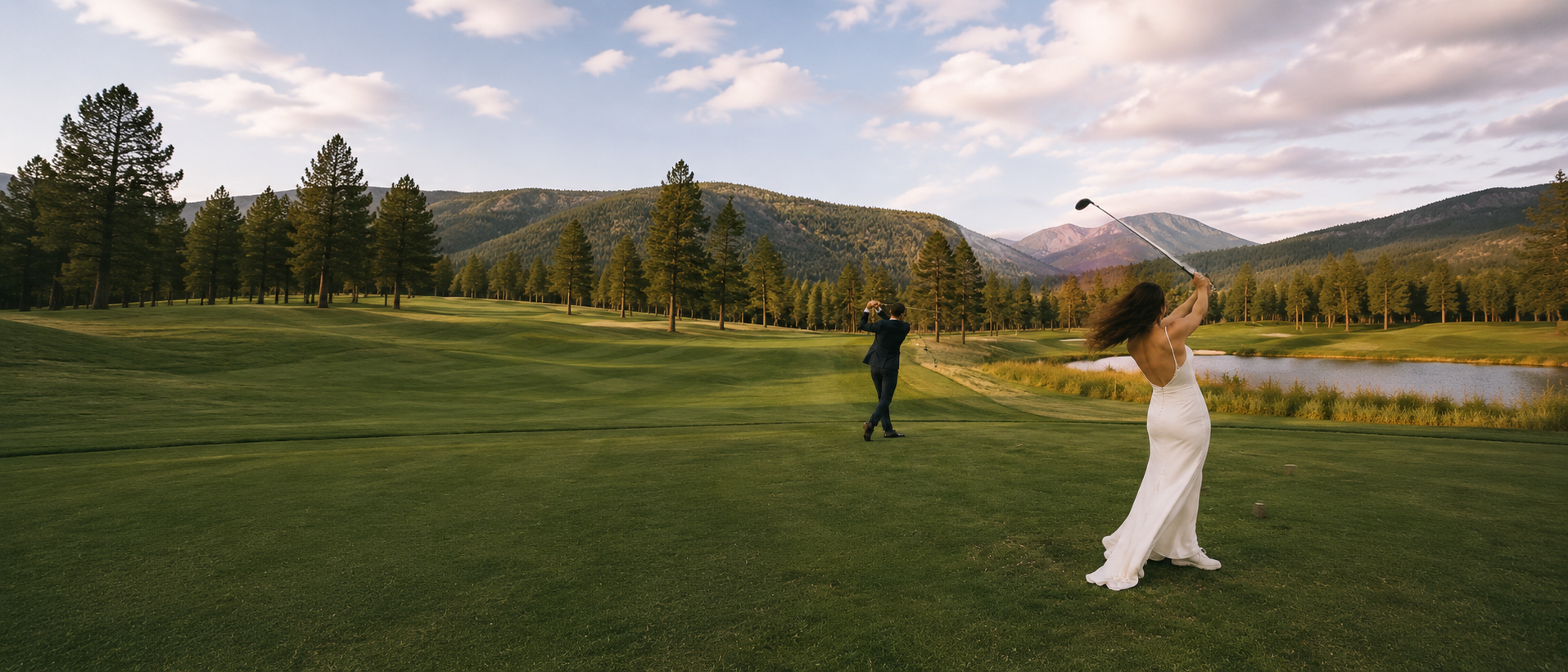 A woman in a white dress swinging a golf club on a golf course with a man in a suit in the background, surrounded by trees, mountains, a lake, and a partly cloudy sky.