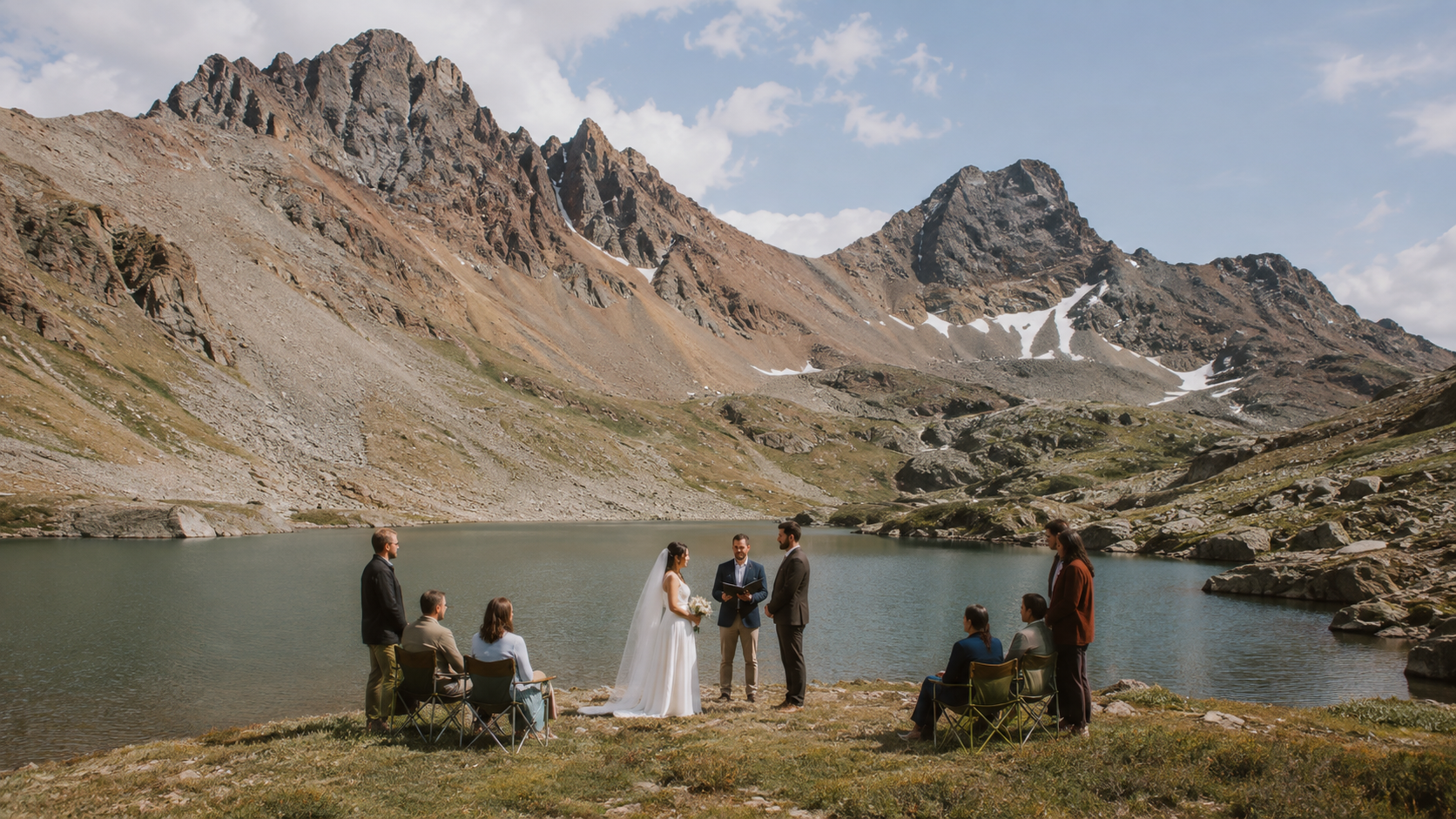 A wedding ceremony taking place outdoors near a mountain lake, with the bride and groom standing in front of a small group of seated and standing guests, with rugged mountains and partially snow-covered peaks in the background.