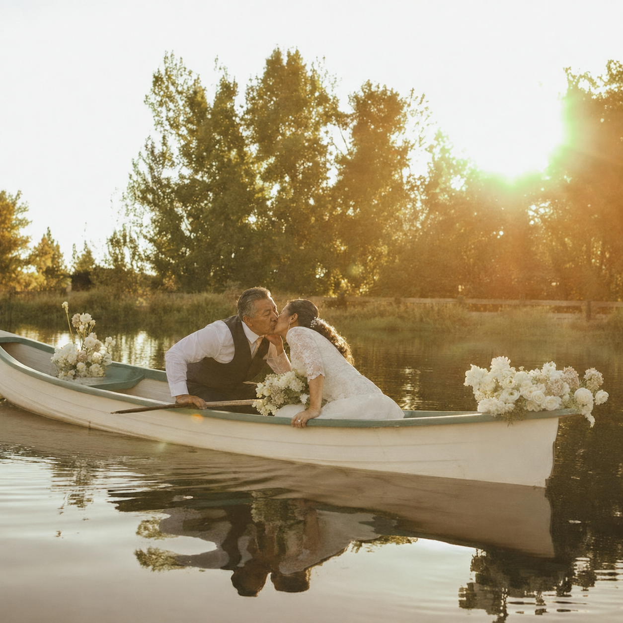 A bride and an older man, possibly her father, sharing a kiss while sitting in a small rowboat on a calm lake at sunset. The boat is decorated with white flowers, and the scene has a warm, golden glow with trees in the background.
