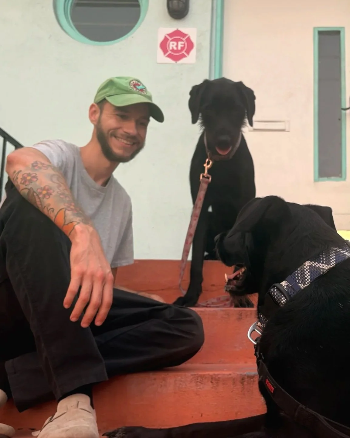 A man with a green cap, gray t-shirt, and tattoos on his arm sitting on wooden steps with two black dogs, one sitting and one lying down, in front of a light-colored wall with a red fire department sign.