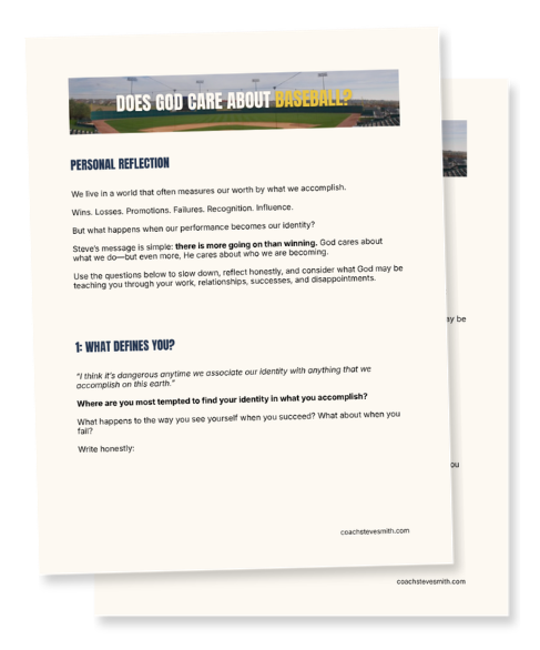 A printed article titled "Does God Care About Baseball?" with personal reflection and questions about identity and success, featuring a baseball field in the header.