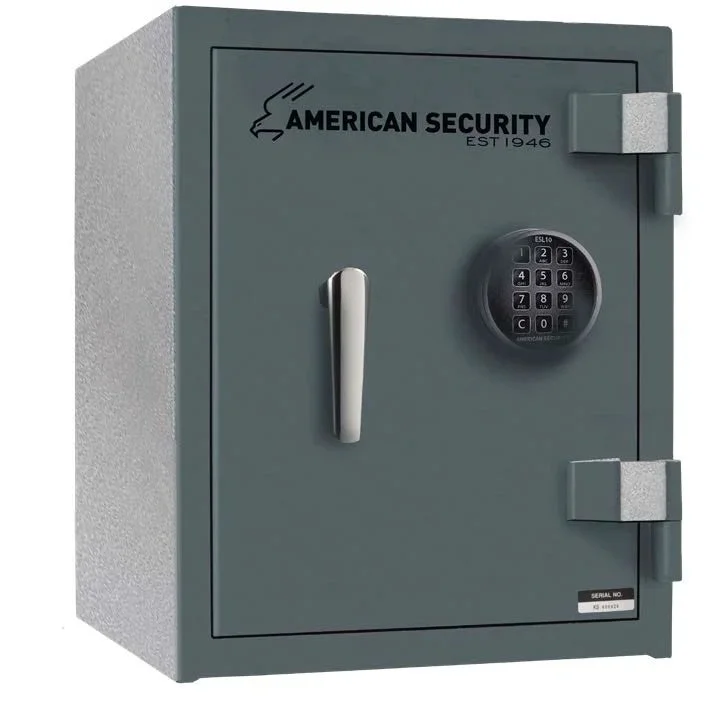 A gray American Security safe with a digital keypad lock and a silver handle, labeled with the company's logo and a limited serial number plate.
