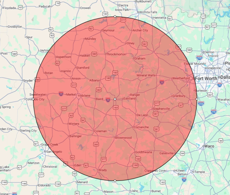 A map of the Fort Worth, Texas area with a red circle overlay indicating a specific zone. The map includes surrounding cities and highways.
