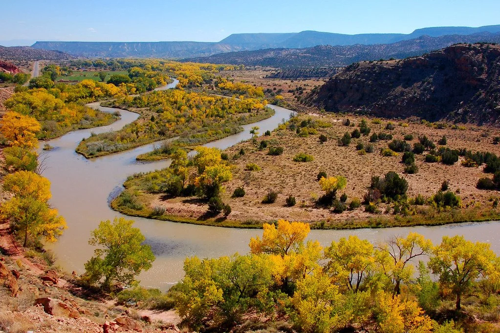 Meandering river flowing through a valley with yellow and green trees, desert-like terrain, and mountainous background under a clear blue sky.
