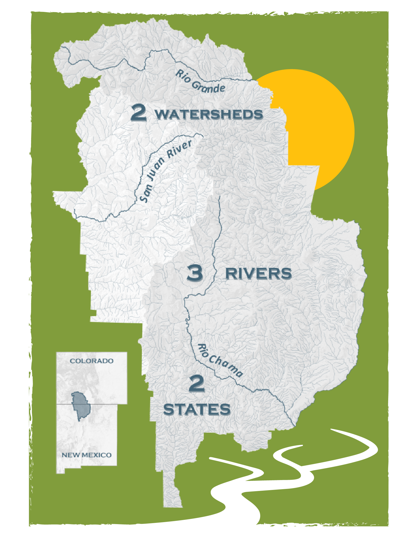 Map of the state of Colorado highlighting its three main watersheds: Rio Grande, San Juan River, and Colorado River, with rivers flowing through these watersheds.