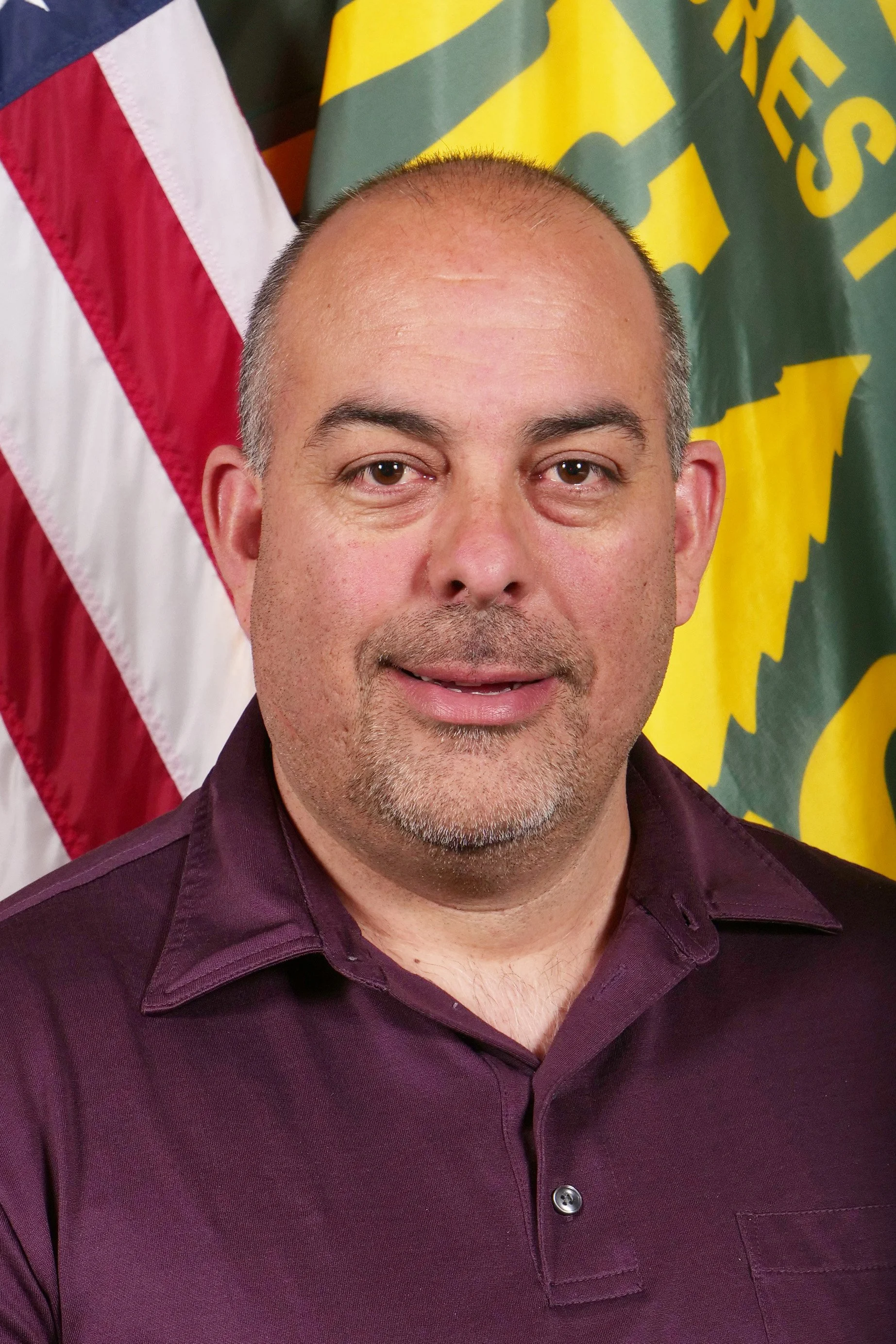 A man with a shaved head and a small beard, wearing a dark purple collared shirt, standing in front of an American flag and a yellow and green patriotic banner.