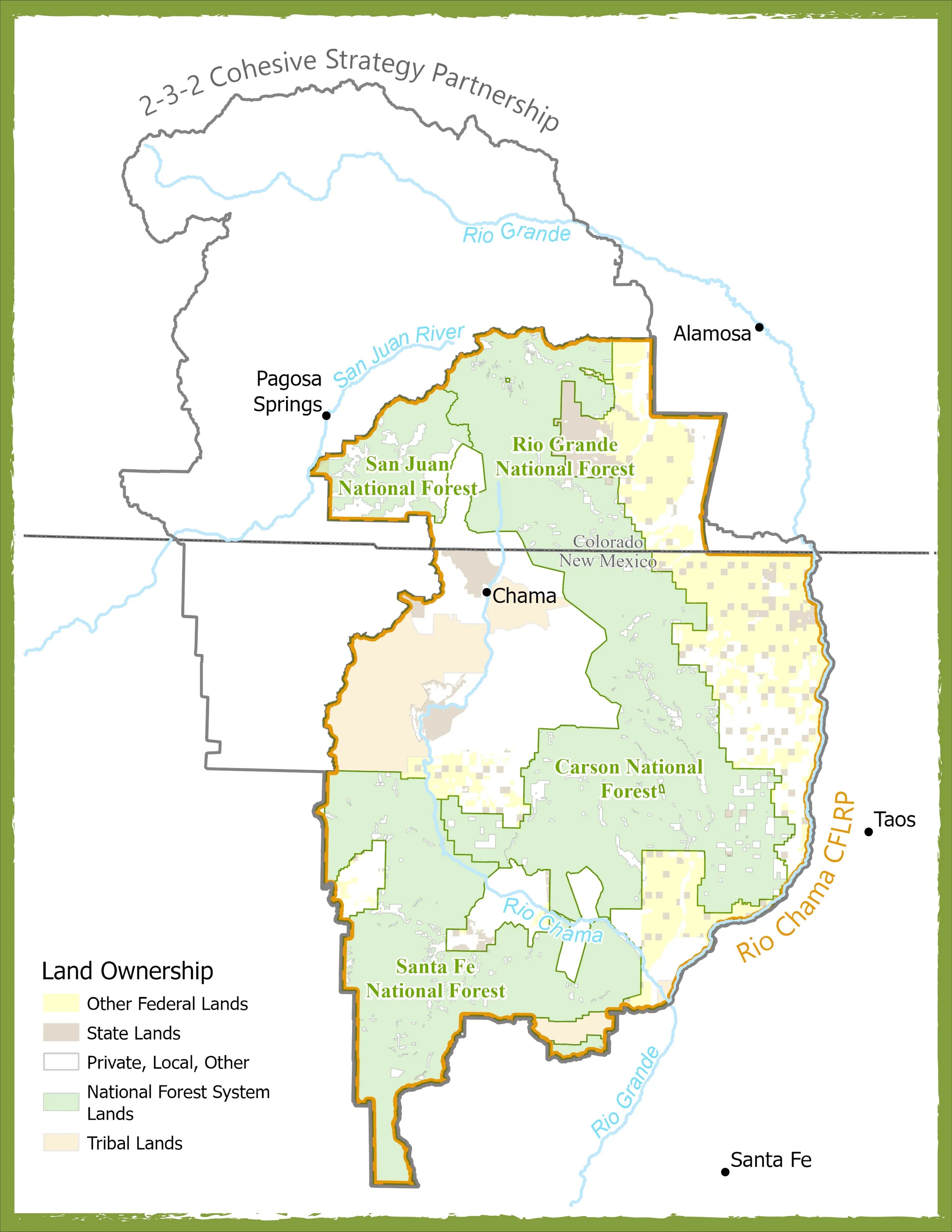 Map of New Mexico showing land ownership and national forest lands. Land ownership categories include tribal lands, county lands, state lands, private/other, and national forest system lands. Notable features include Rio Grande, San Juan River, Rio Chama, and towns such as Claro Springs, Alamosa, Chama, and Santa Fe.