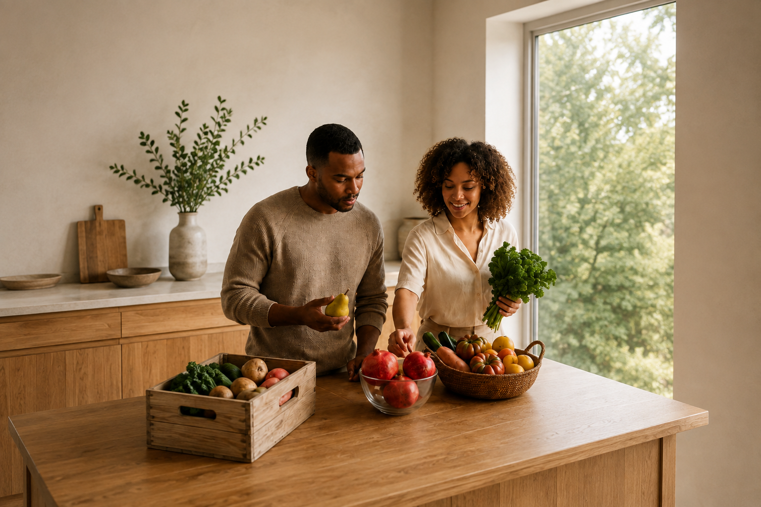 Couple choosing fresh fruits and vegetables together
