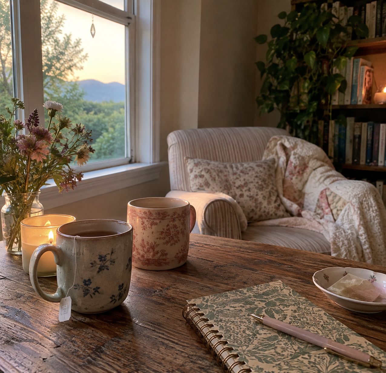 Cozy therapy space with a mountain view through a window in Western North Carolina