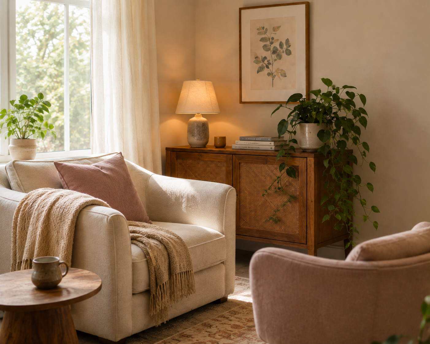 Warm, welcoming therapy space with a comfortable chair, lamp, and houseplant