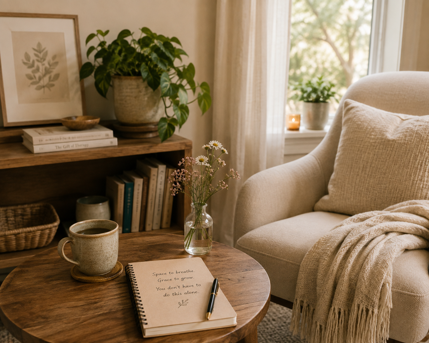 Journal and fresh flowers beside a comfortable chair