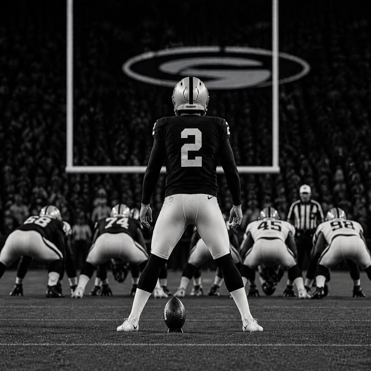 Black and white photo of a football game with a player standing behind the line of scrimmage, wearing a helmet and jersey with the number 2. The quarterback is facing the offensive line, preparing to snap the ball, with other players and referees visible on the field and a crowd in the background.