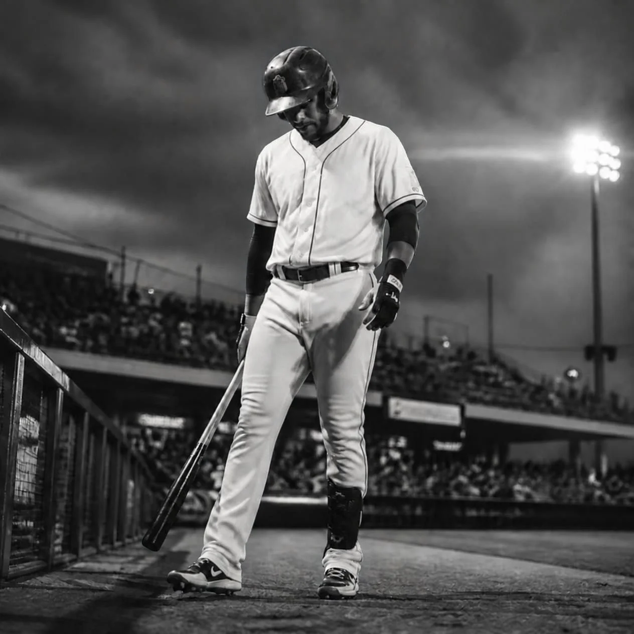 Black and white photograph of a baseball player in uniform, holding a bat, standing inside a stadium. The player appears to be walking along the dugout, with a rainstorm or dark clouds in the background and stadium lights illuminating the scene.