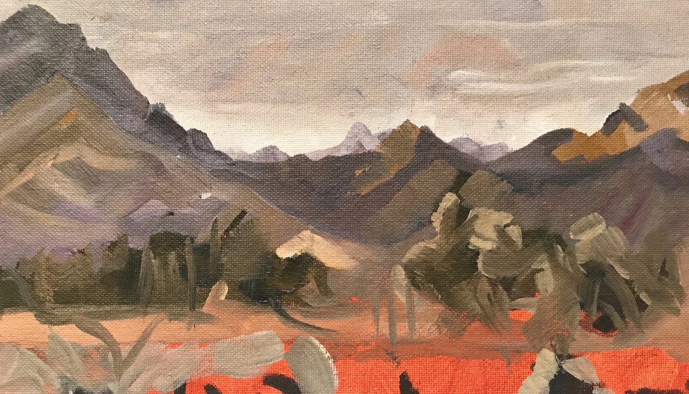 Painting showing a mountain landscape with receding layers and an umber and purple tonality.