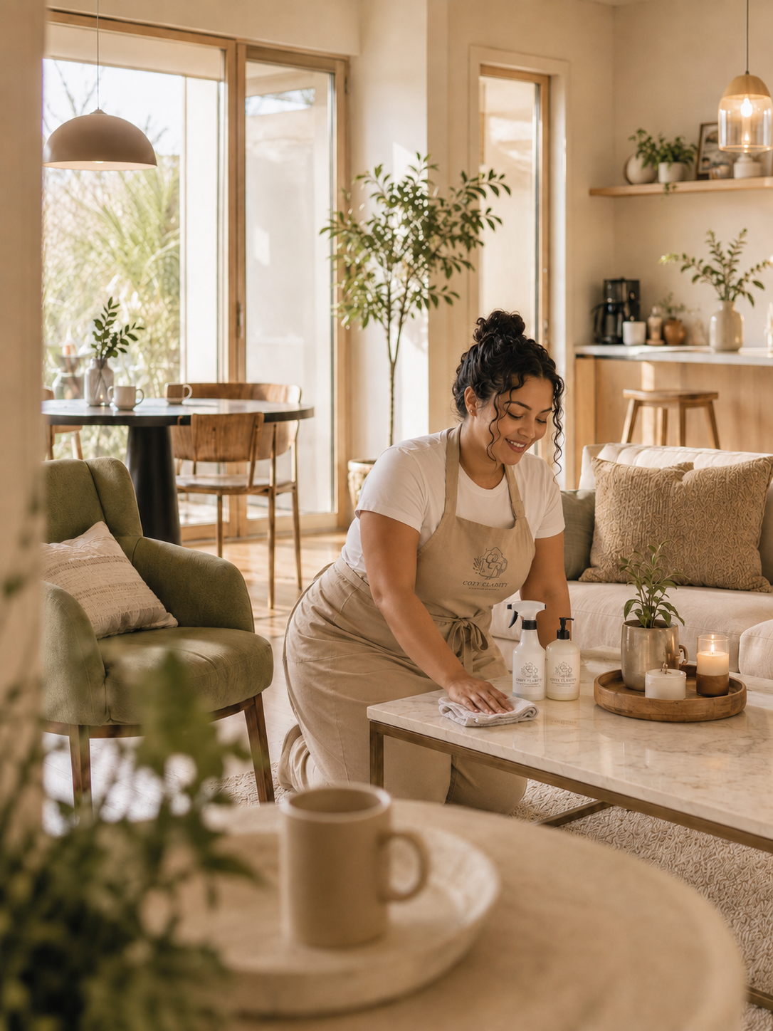 A woman kneeling on a coffee table in a living room, cleaning with a cloth and spray bottles, surrounded by plants, candles, and cozy furniture.